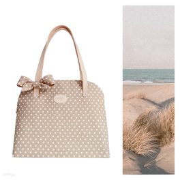   Homokszín-fehér pöttyös nyári táska masnival - egyedi rendelés