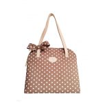 Taupe-white polka dot summer bag with a bow