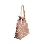 Taupe-white polka dot summer bag with a bow