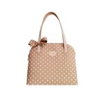 Hazelnut-brown and white polka dot summer bag with a bow