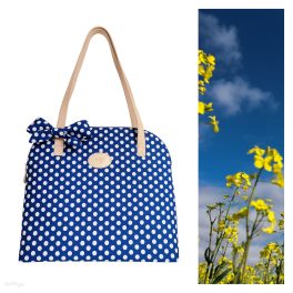 Zafírkék-fehér pöttyös nyári táska masnival