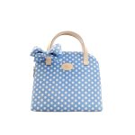 Világoskék-fehér pöttyös kézitáska masnival
