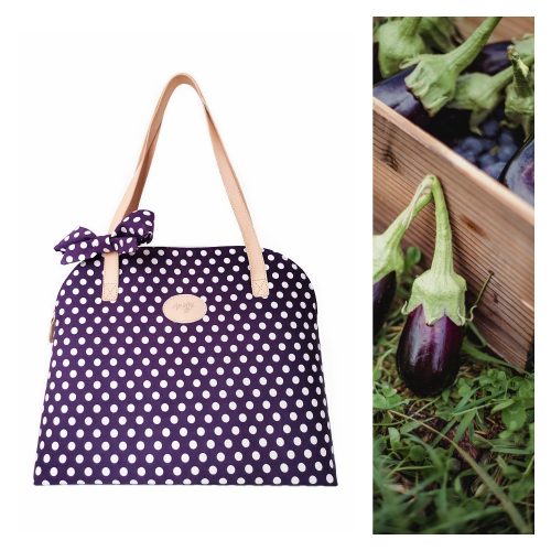 Padlizsán lila - fehér pöttyös nyári táska masnival