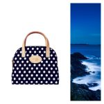 Navy blue and white polka dot cosmetic bag